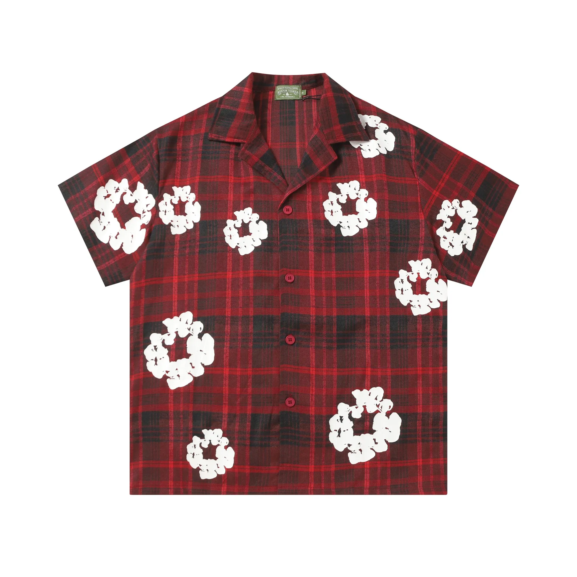 P116 388 DENIM TEARS Kapok European and American trendy brand high-quality plaid short-sleeved shirt set Color Red Gray Yellow Size S-XL